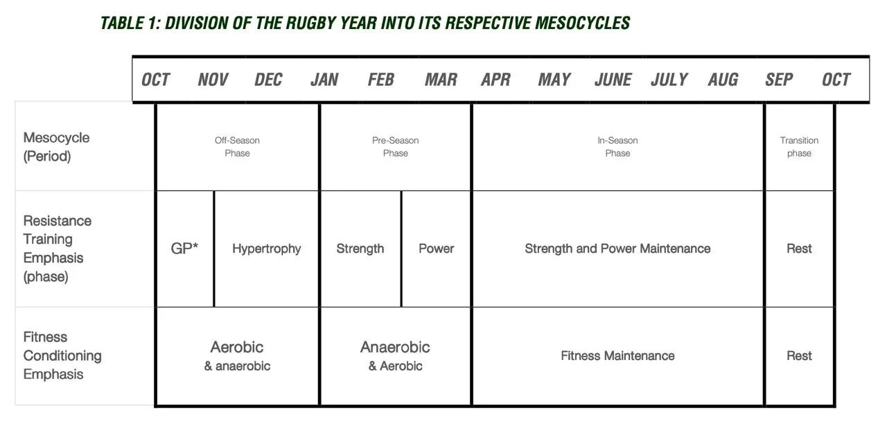 Tabla de programación anual de entrenamiento de fuerza y resistencia del equipo sudafricano de rugby. Taller Windfit Salud para entrenadores