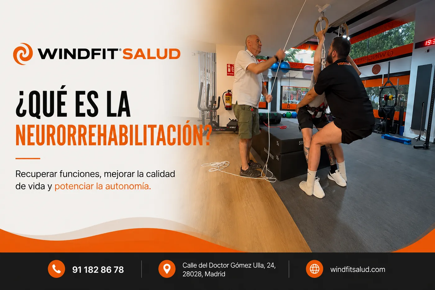 Sesión de neurorrehabilitación en Windfit Salud con un fisioterapeuta asistiendo a un paciente durante un tratamiento de recuperación neurológica en Madrid. Tratamiento de neurorrehabilitación individualizado en Windfit Salud (Madrid).